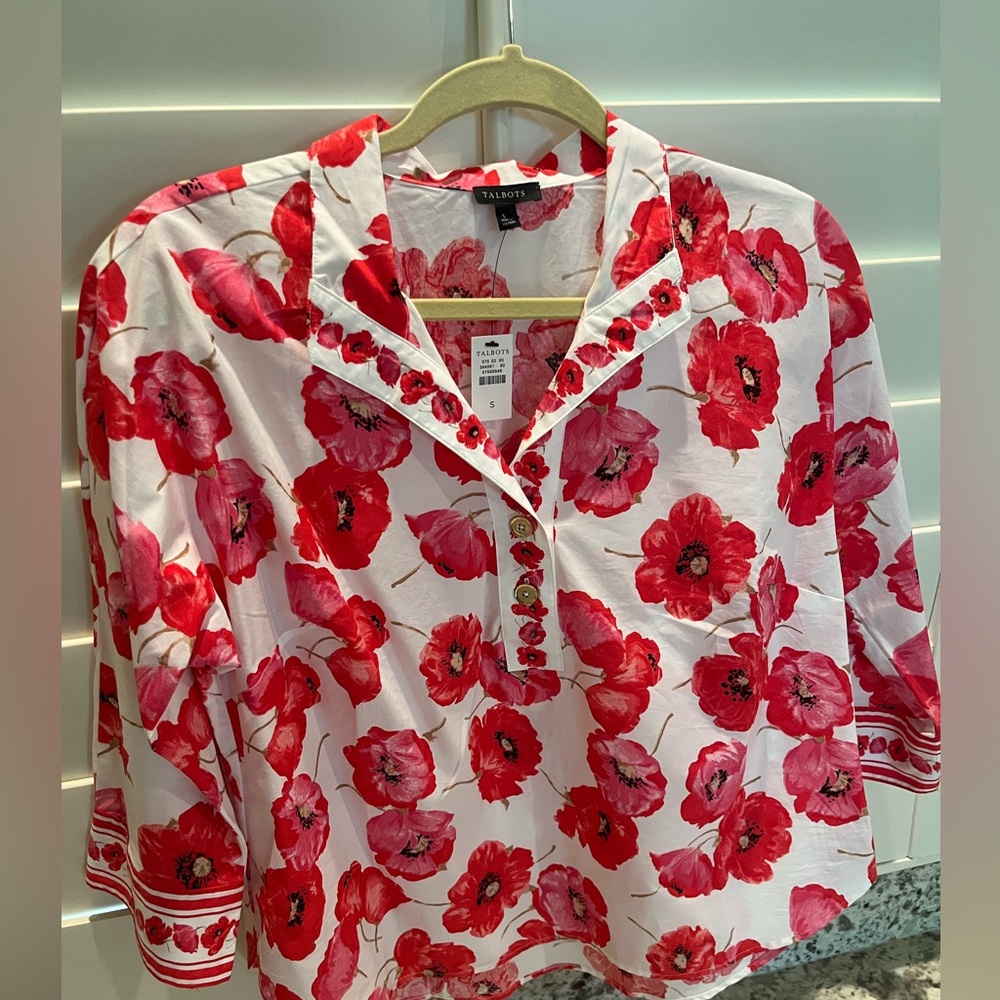 Talbots Red and White Floral Blouse